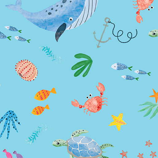Ocean Life Turquoise Cotton Fabric - 44"/45" Per Yard