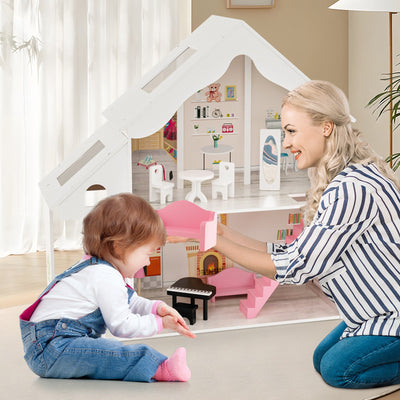 Semi-Opened DIY Dollhouse with Simulated Rooms and Furniture Set - White