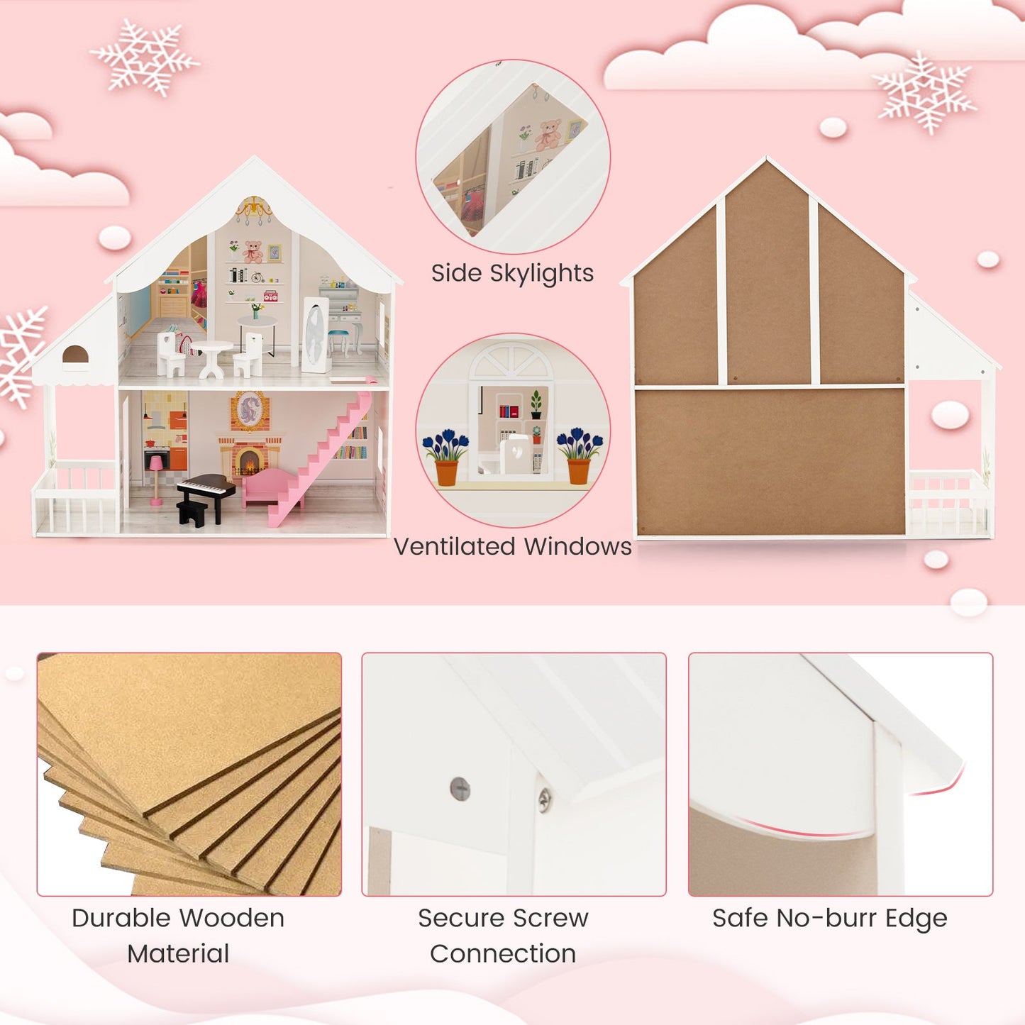 Casa de muñecas DIY semi-abierta con habitaciones simuladas y juego de muebles - Blanco
