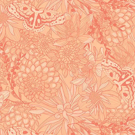 Light Salmon Tonal Floral & Butterflies Cotton Fabric 44"/45"
