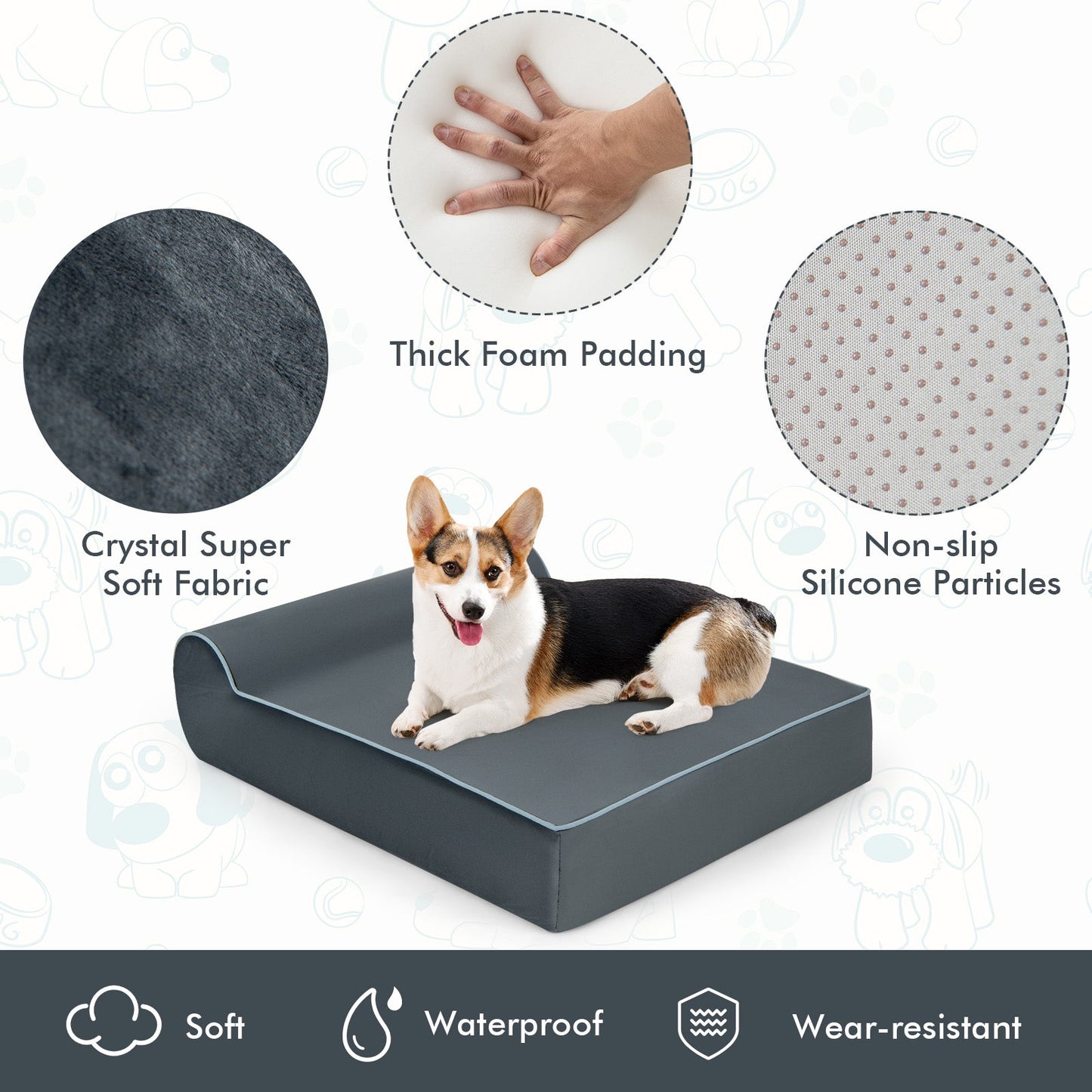 Lit Orthopédique Premium pour Chien avec Repose-tête et Housse Lavable - Gris