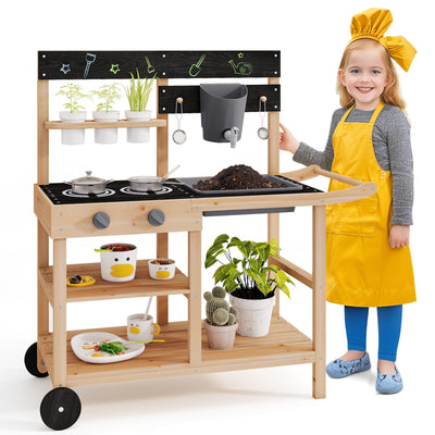 Cuisine de Jeu en Bois de Sapin d'Extérieur avec Tableau Noir et Pots de Plantation