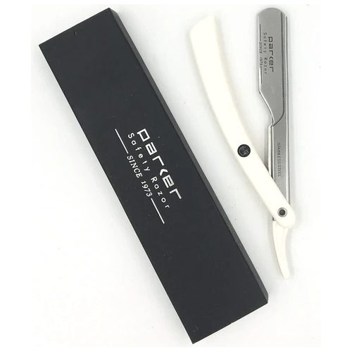 Razor de Barbero Recto Parker PTW de Tipo Push con Mango Blanco