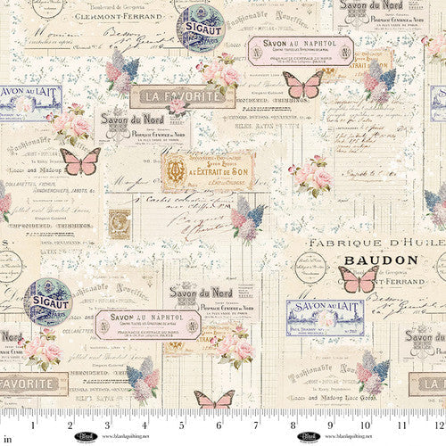 Tissus en coton Ecru avec étiquettes et papillons Parisian Snippets
