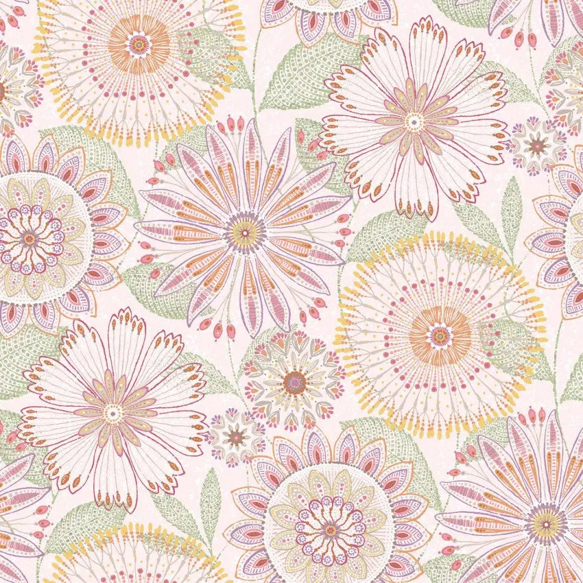 Tela de algodón de fondo ancho con medallones florales en tono rosa