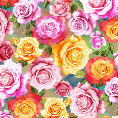 Tela de Algodón Blissful Blooms con Rosas Múltiples en Rosa - 43"/44" por Yarda