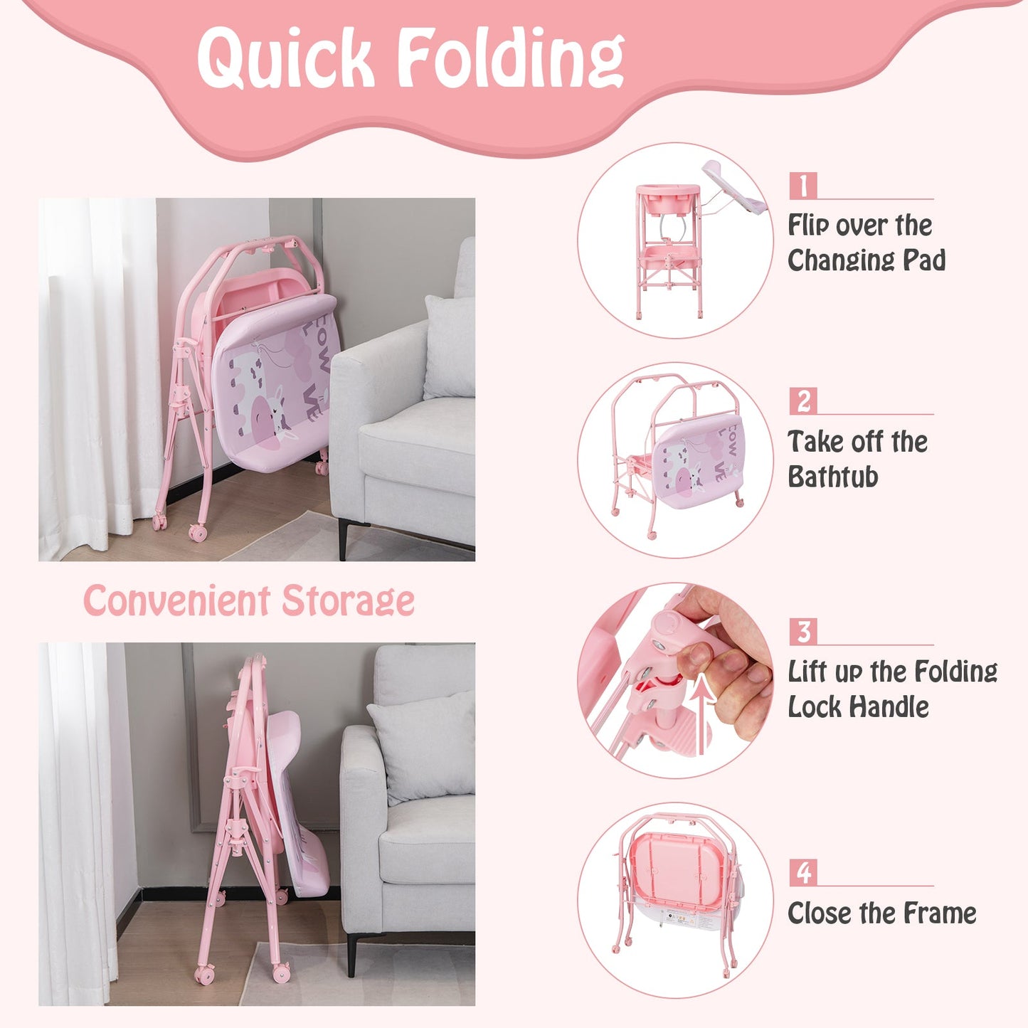 Table à langer pliable avec baignoire - Rose