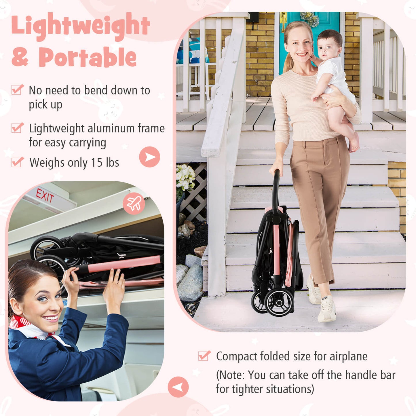 One-Hand Folding Portable Lightweight Baby Stroller - Pink