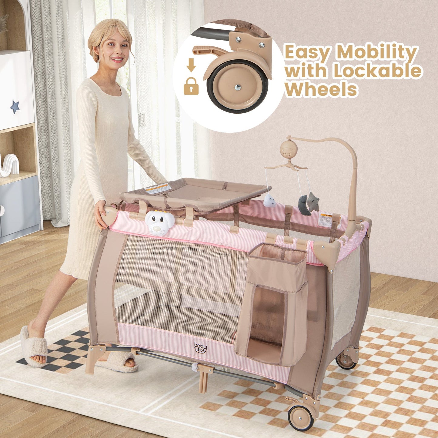 Parc à bébé portable avec table à langer et boîte à musique - Rose
