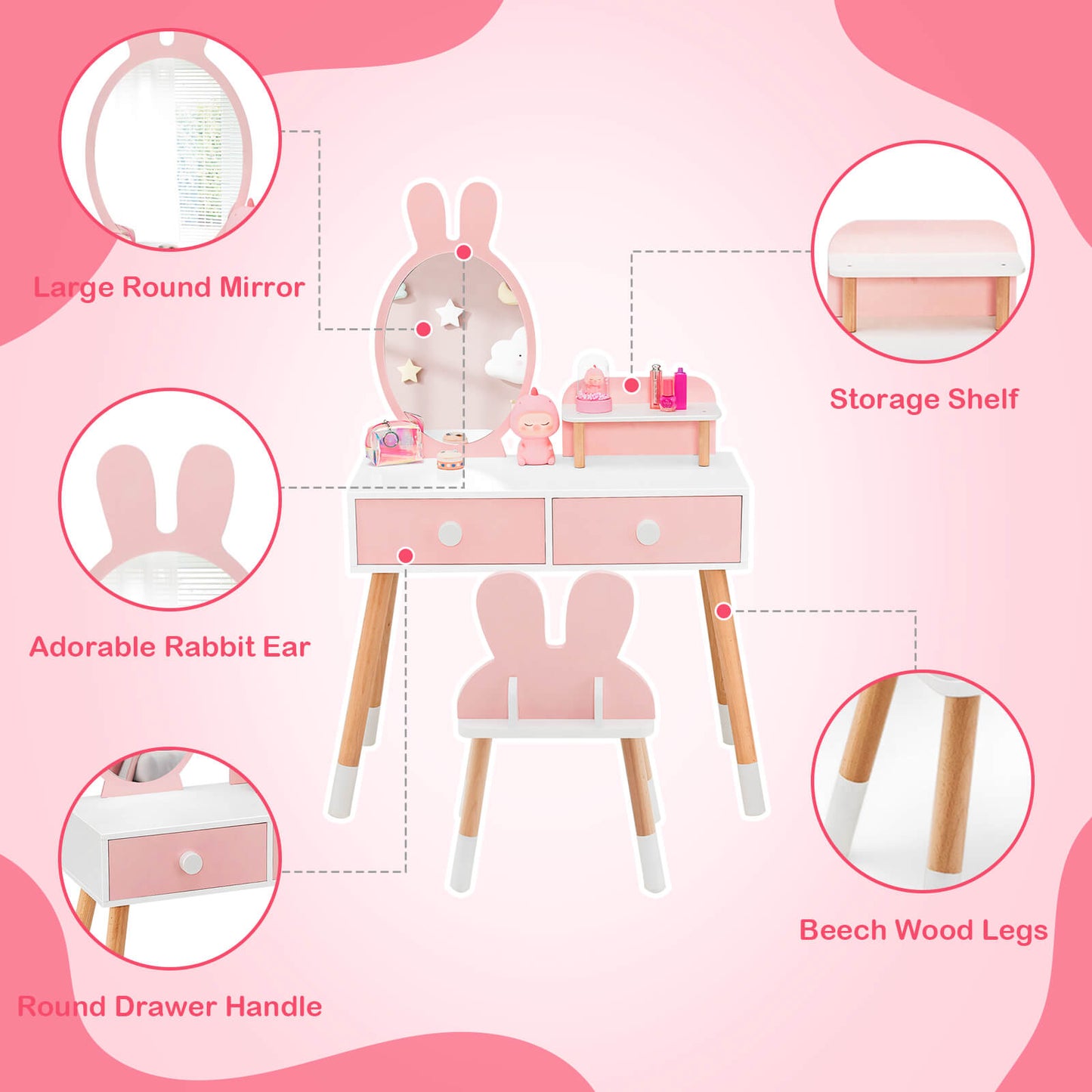 Kids Pink Vanity Table and Chair Set with Rabbit Mirror