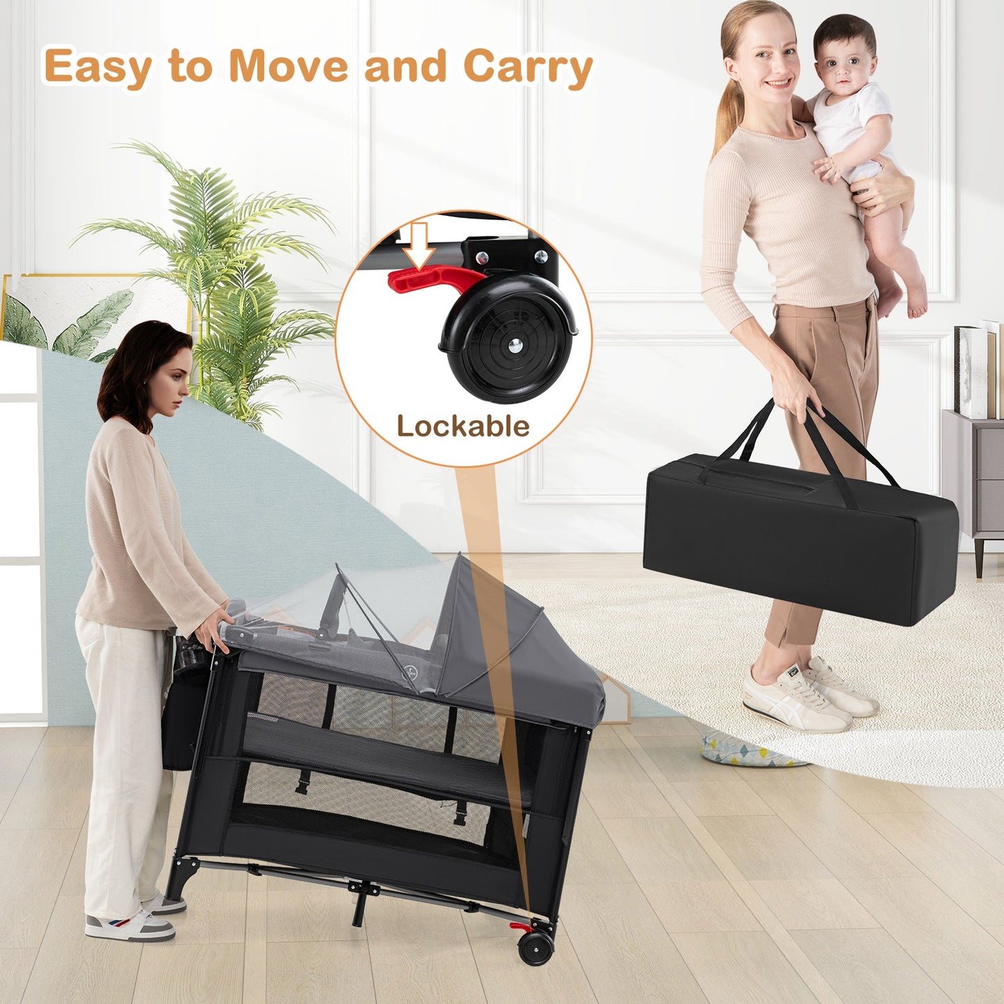 Berceau Pliable pour Bébé avec Hauteurs Ajustables - Noir