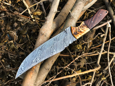 Premium Custom Damascus Steel Bowie Knife with Elegant Rosewood & Sheep Horn Handle – 13-Inch Blade by KBS Knives - Korvel