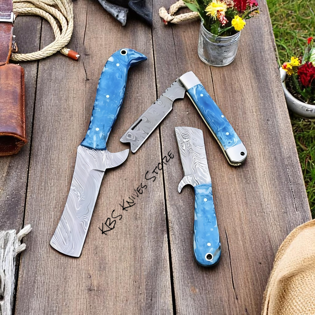 Ultimate Bull Cutter Knife Set - 3-Piece Damascus Steel Collection with Premium Sheaths - Korvel