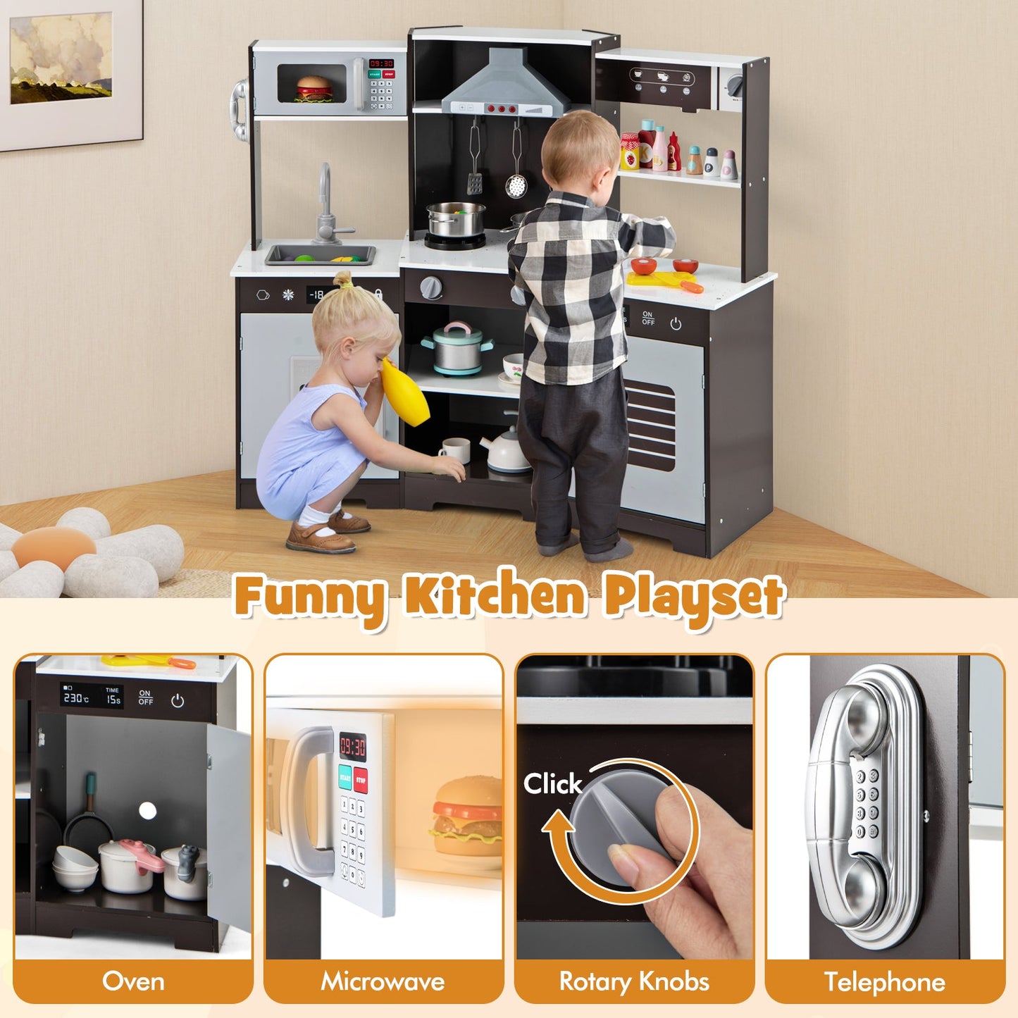 Wooden Pretend Play Kitchen Set with Real Sounds & Lights