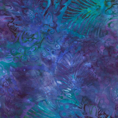 Tela Batik de Fondo Ancho con Hojas Exóticas en Azul y Púrpura
