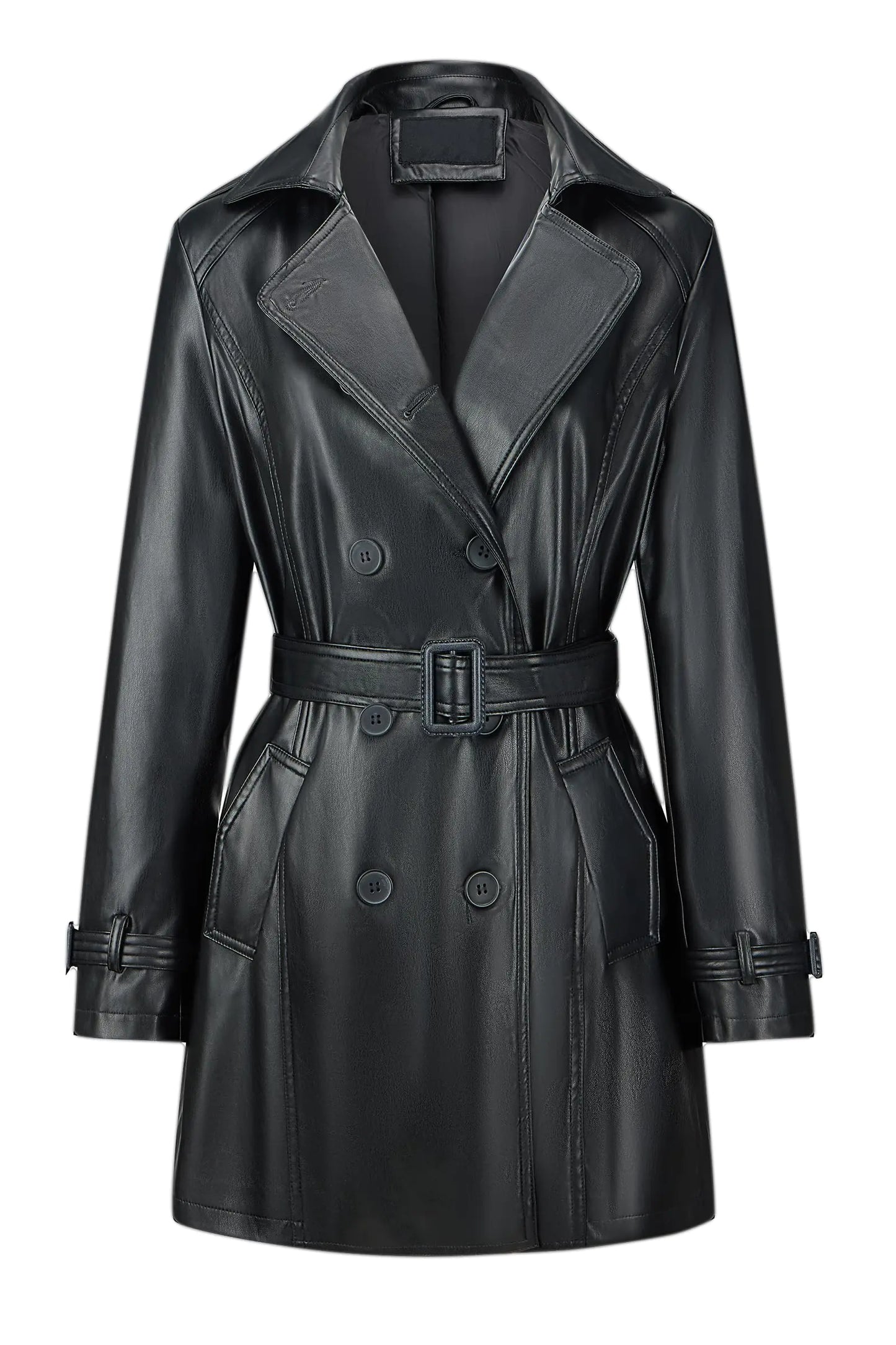 Bellivera Women Faux Leather Double-Breasted Trench Coat - Black L