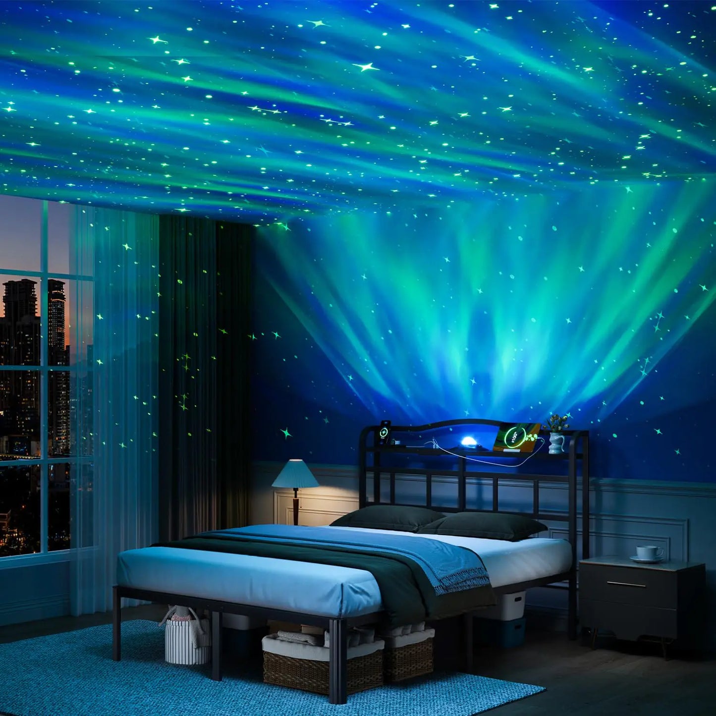 HAVONIZD Queen Size Bed Frame with Storage Headboard & Projector