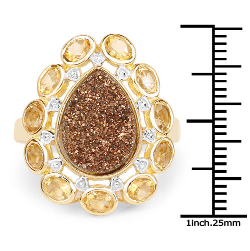 Anillo de Plata Esterlina con Drusy de Bronce de 5.14 Quilates y Citrino