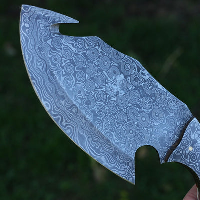 Premium Full Tang Handmade Raindrop Damascus Steel Guthook Skinner Knife - Korvel