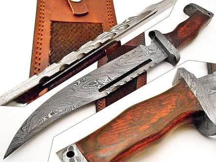 Custom Handmade Damascus Bowie Knife with Rosewood Handle & Leather Sheath - Korvel