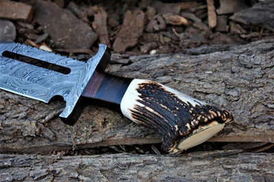 Premium Custom Damascus Bowie Knife with Rosewood & Antler Handle - Korvel