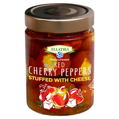 ELLATIKA Cheese-Stuffed Red Cherry Peppers – in Sunflower Oil – 11.28 oz Glass Jar - Korvel