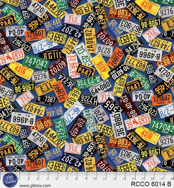 Tela de Algodón Azul con Placas de Licencia Route 66 por Yarda