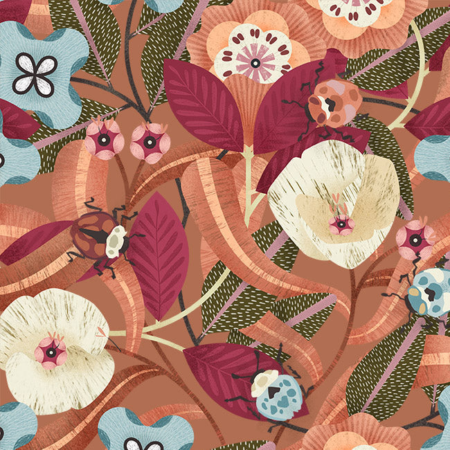 Rust Beetles And Blooms Cotton Fabric - 44"/45" Per Yard