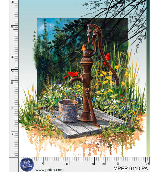 Rusted Water Pump Meadow Perch Cotton Fabric 44”/45” Per Yard