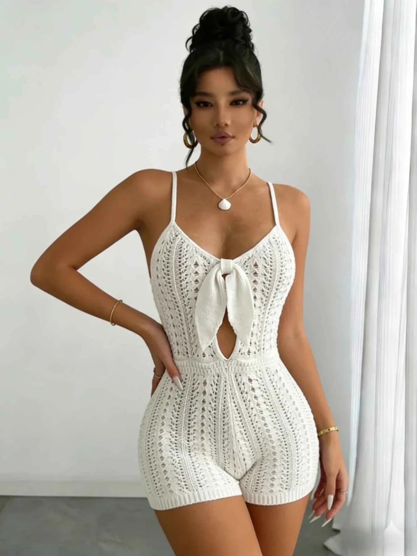 Boho Crochet Romper - White Front Tie Backless