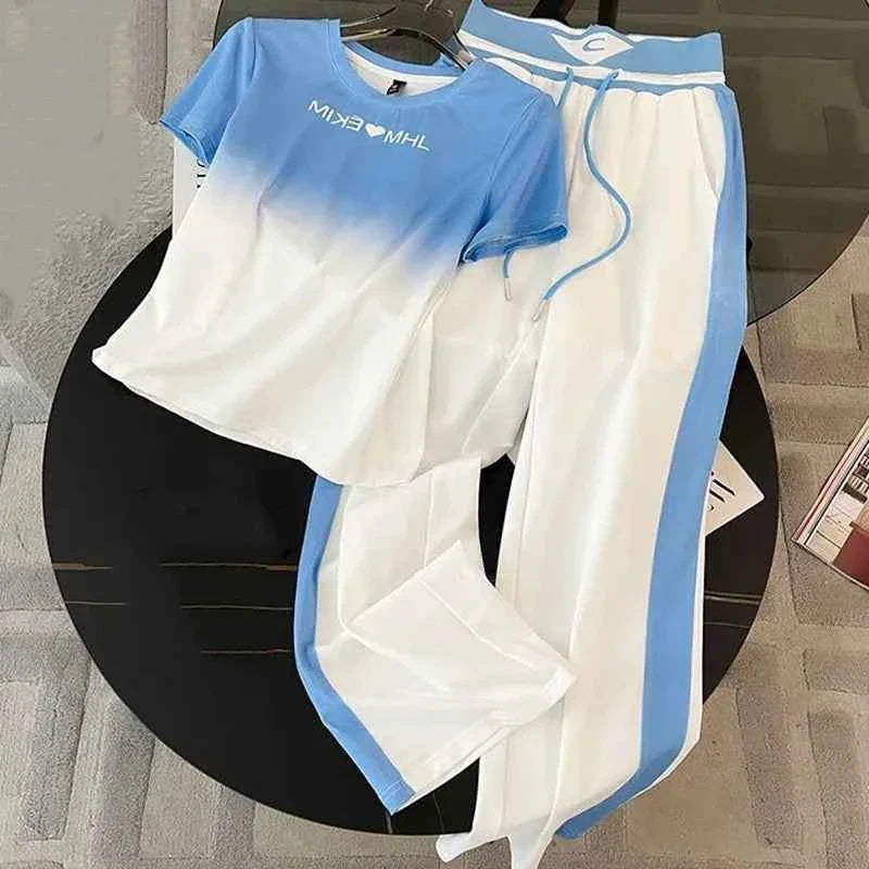 Conjunto de Pantalones de Pierna Ancha y Manga Corta en Degradado