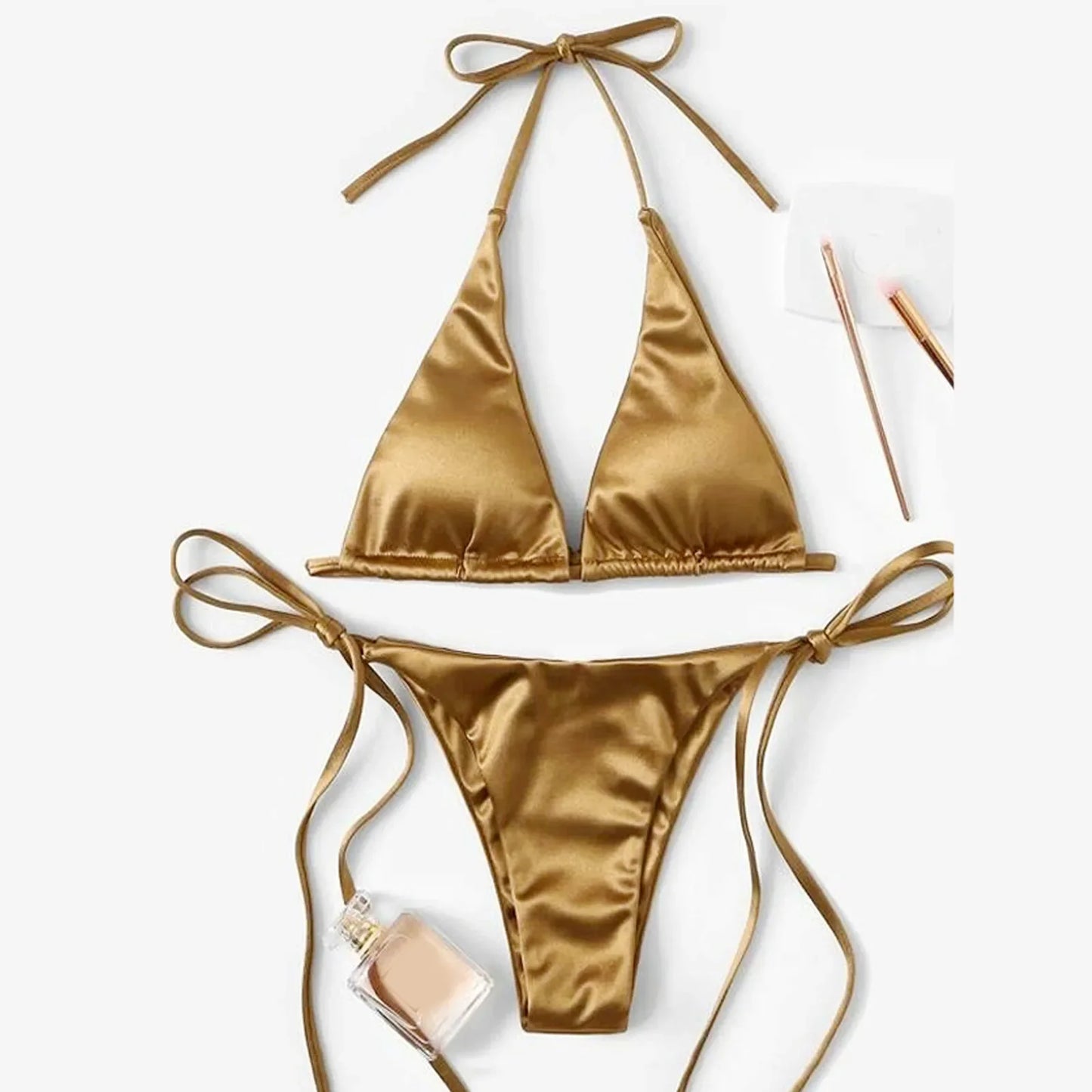 ShimmerWave Luxe Satin Brazilian Bikini Set