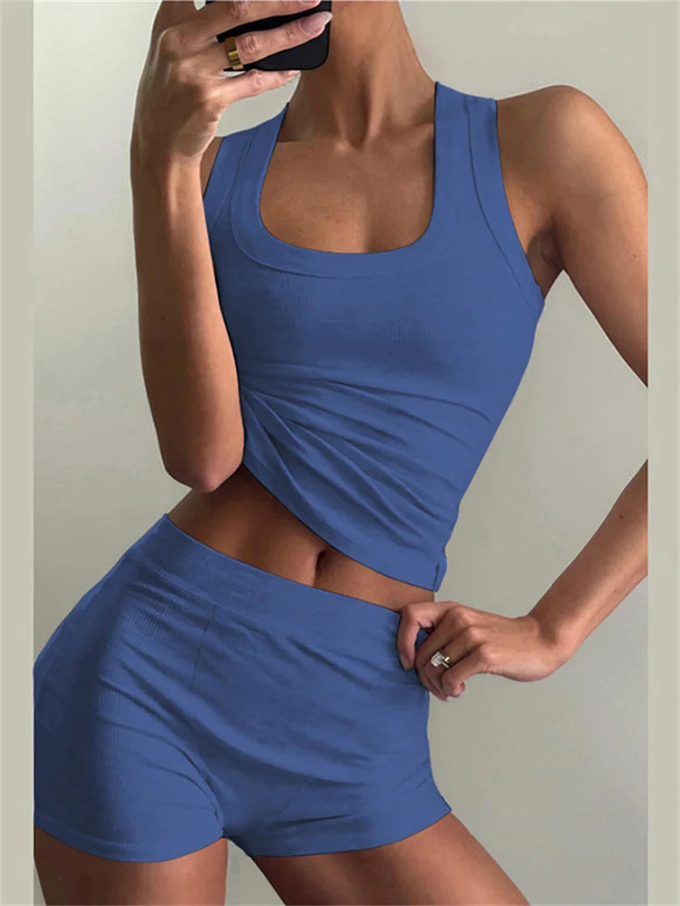 Conjunto de chándal de tanque y pantalones cortos de 2 piezas con canalé