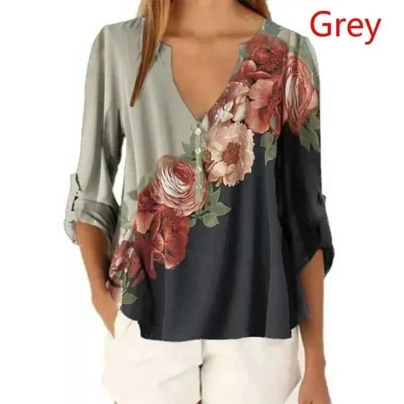 T-shirt ample à fleurs d'été à col en V et manches 3/4