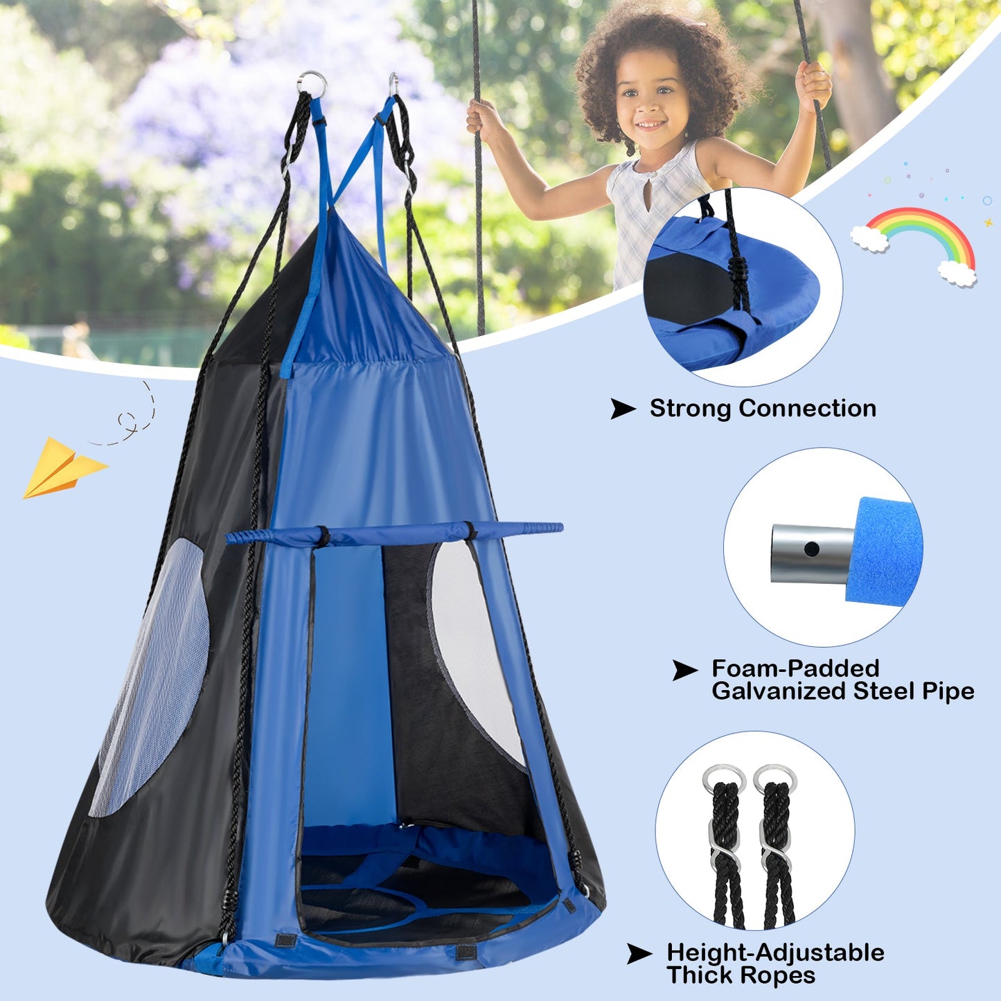 2-in-1 40 Inch Kids Hanging Chair Swing Tent Set - Blue