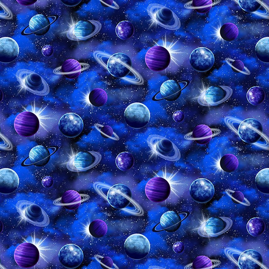 Navy Tossed Planets Cotton Fabric - 44"/45" Per Yard