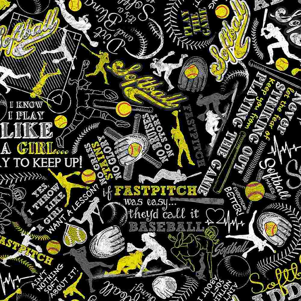 Premium Black Girl's Softball Text Fabric - 44"/45" Per Yard