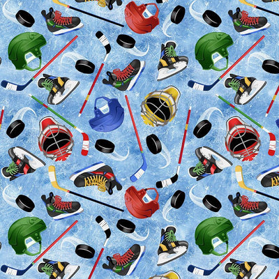 Tissu de hockey bleu avec équipements - 44"/45" par yard