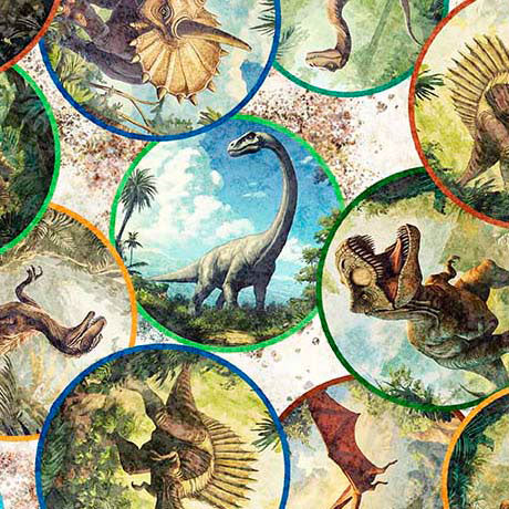 Sand Savage Kingdom Dinosaur Medallions Cotton Fabric