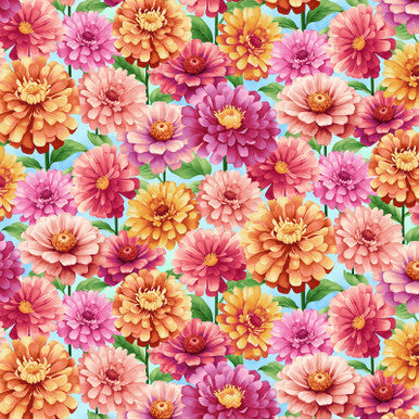 Tissu en coton Sky Multi Zinnias - 43"/44" par yard