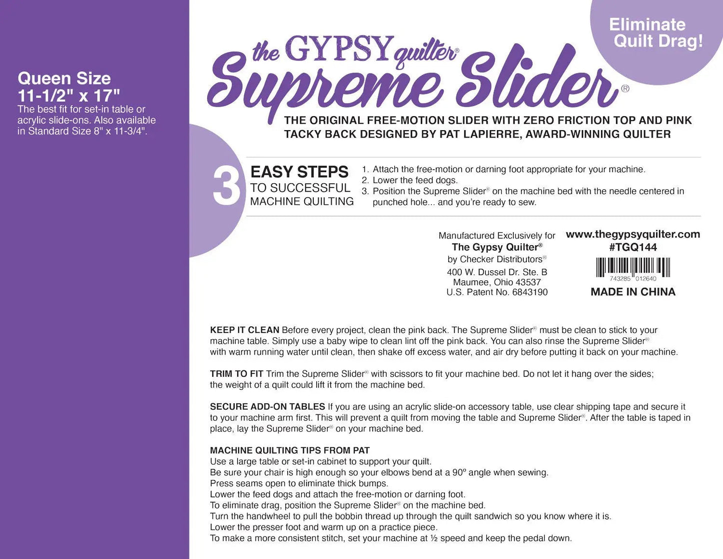 Supreme Slider Free Motion Quilting Aid - 11.5in x 17in