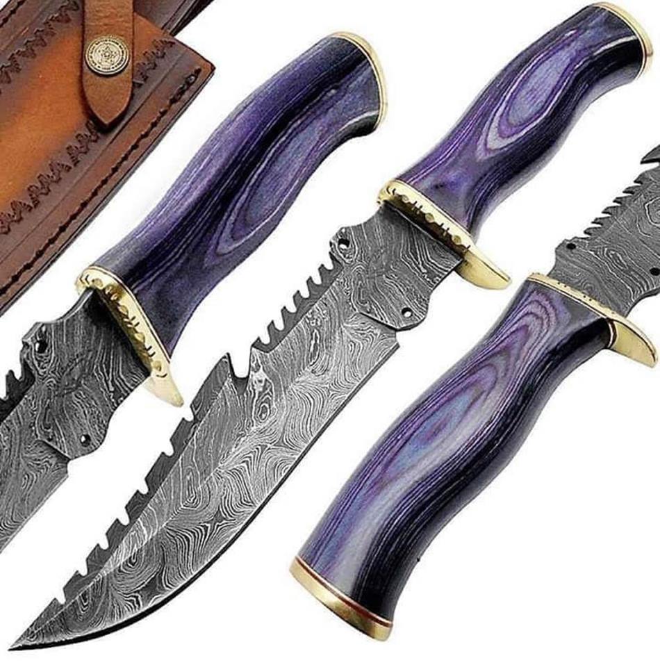 Custom Handmade Damascus Steel Survival Bowie Knife – 13-Inch Hunting Tool with Leather Sheath & Exotic Wood Handle | KBS Knives - Korvel