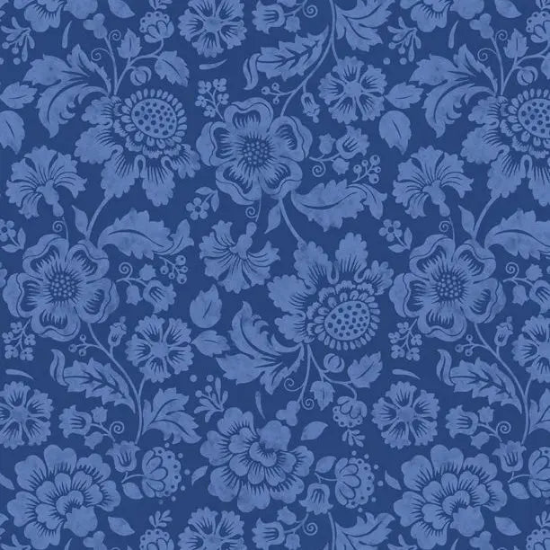 Tissu en coton floral tonal cerise douce bleu marine/bleu - 44"/45" par yard