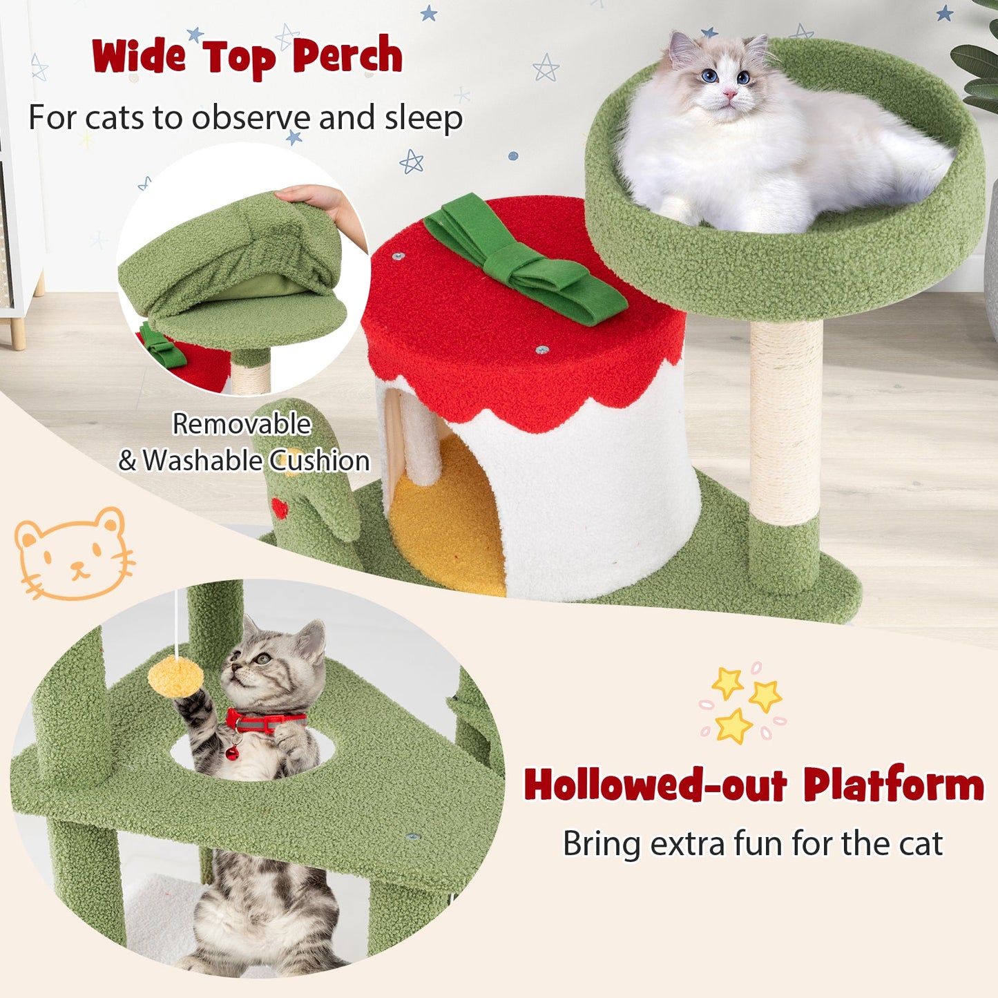 61-Inch Festive Cat Tree with Scratching Posts and Condos - Green