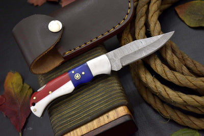 Texas Pride Handcrafted Damascus Steel Pocket Knife with Leather Sheath | Unique EDC Collectible - Korvel