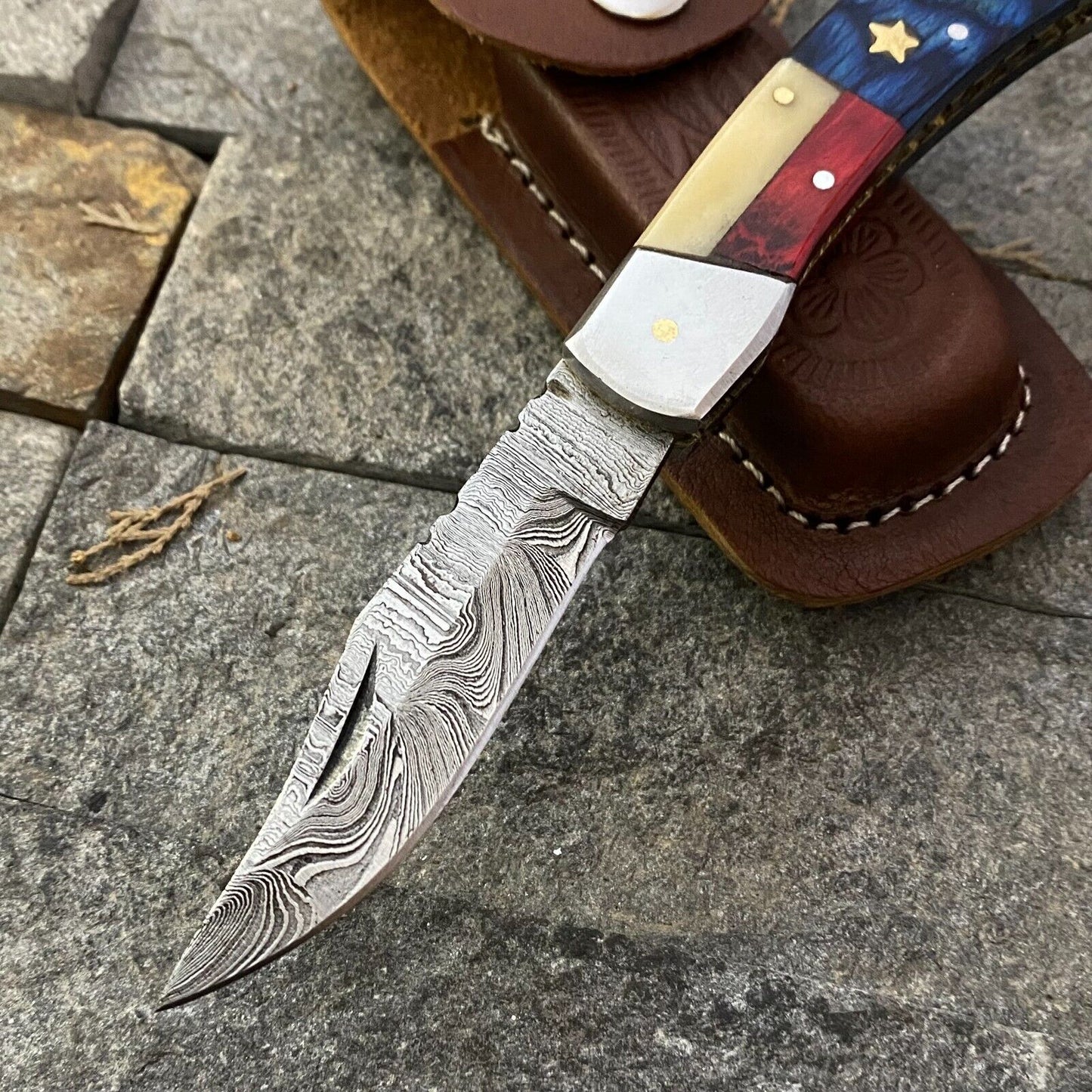 Texas Pride Damascus Steel Folding Knife – 3" Blade with Leather Sheath - Korvel