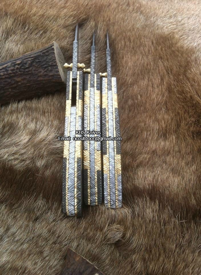 TriGuard Collection: Set of 3 Handcrafted Damascus Steel Folding Knives with Elegant Steel and Brass Handles - Korvel