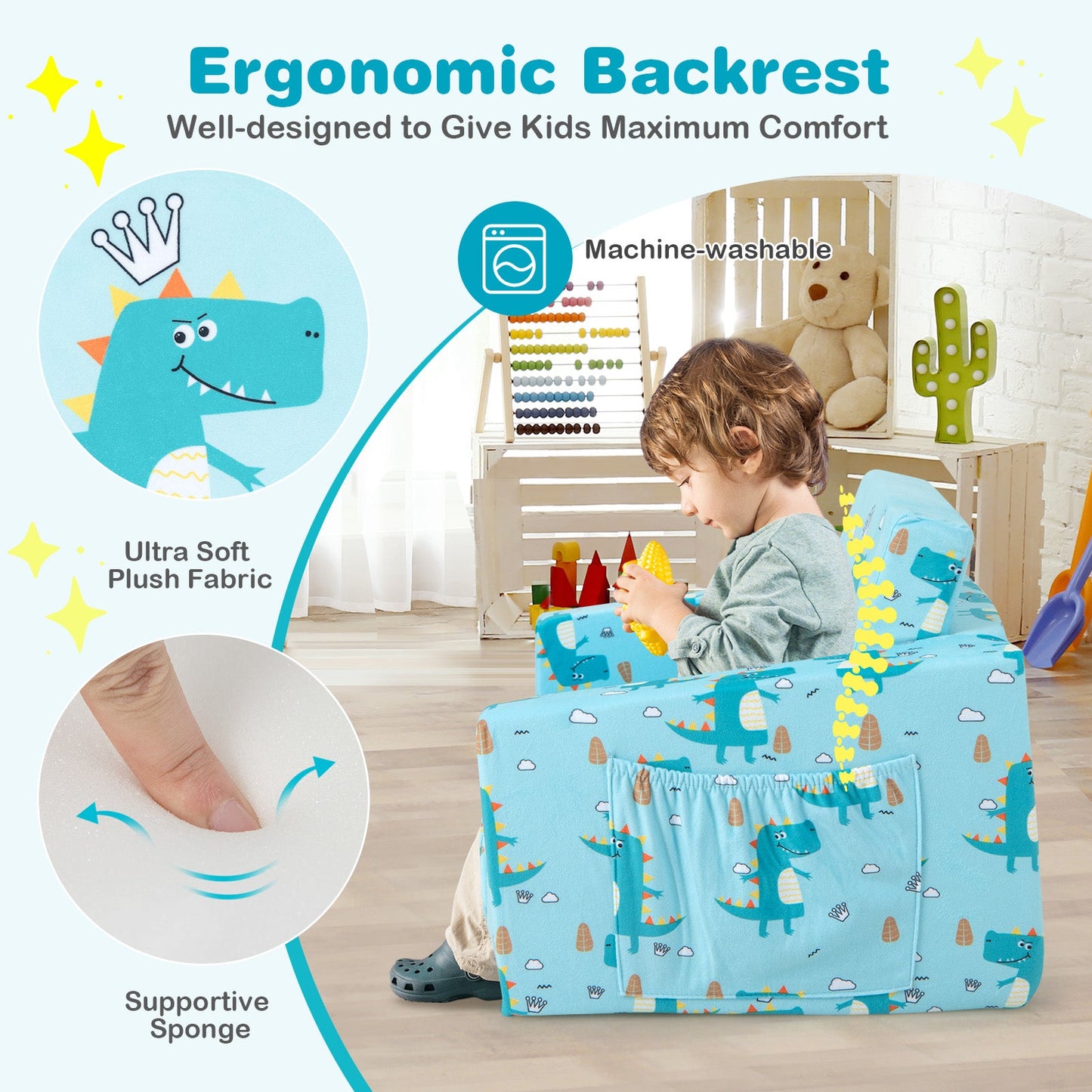 Kids Recliner Sofa Converts to Sleeper Bed - Blue Dinosaur Design