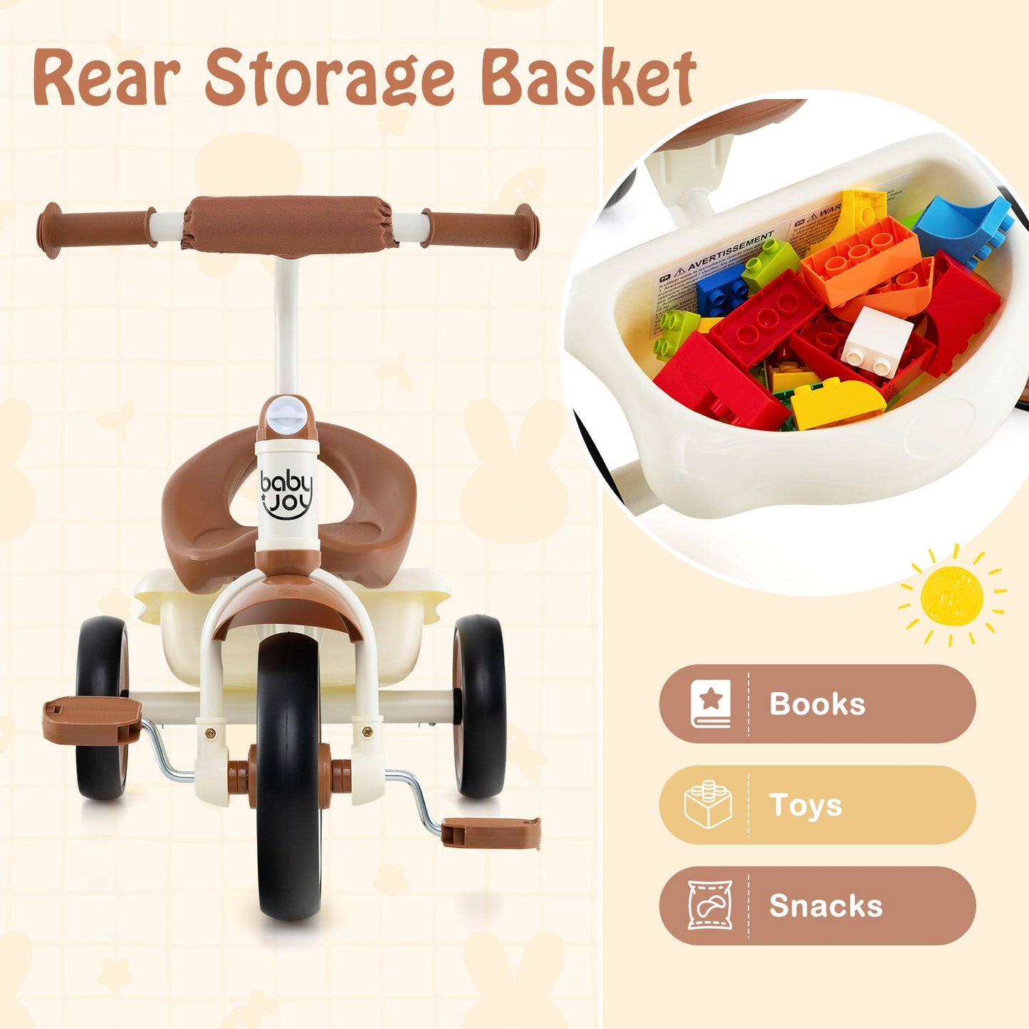 Triciclo Ajustable para Niños Pequeños con Canasta para Edades de 3 a 5 Años - Beige