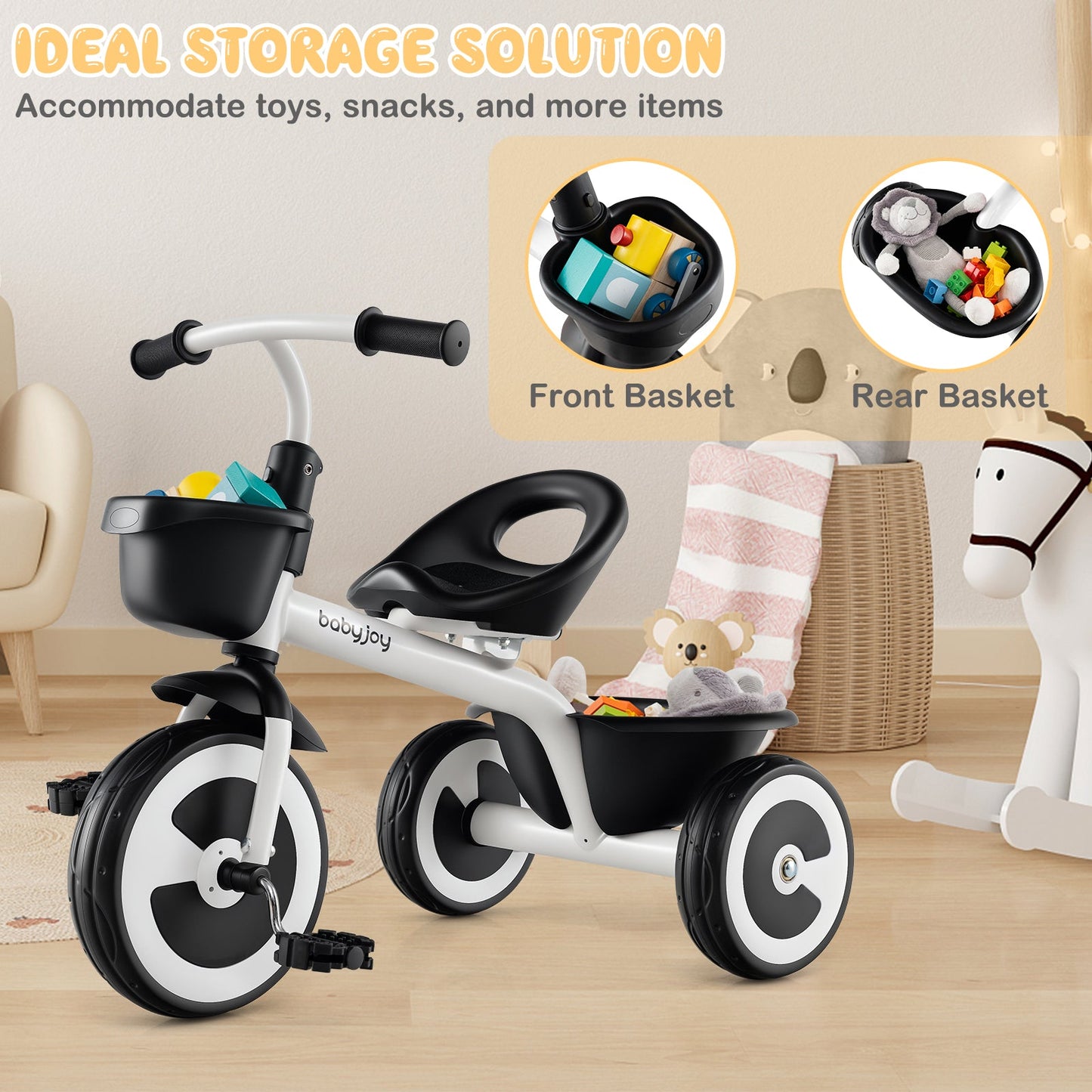 Adjustable Toddler Tricycle with Storage Baskets - White